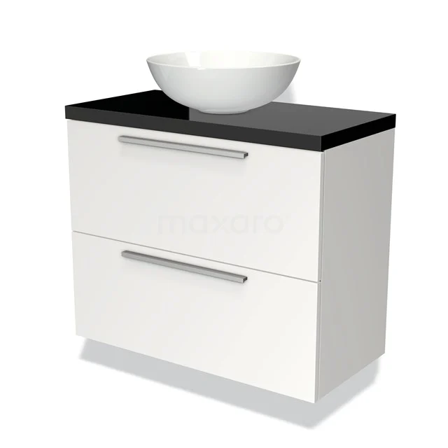 Witte badkamerkast met zwarte bovenkant, twee lades en een ronde wastafel; modern ontwerp met chroomgrepen.