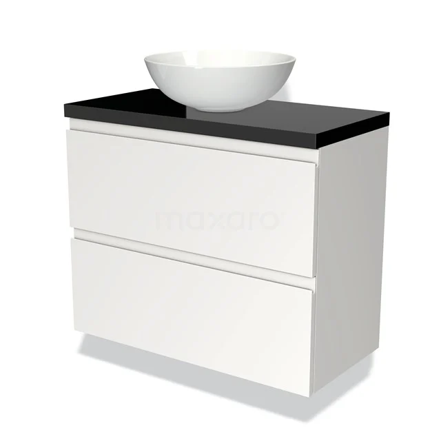 Weißes Badezimmermöbel mit schwarzer Oberseite, keramisches Aufsatzwaschbecken, modernes Design, ideal für die moderne Badezimmergestaltung.