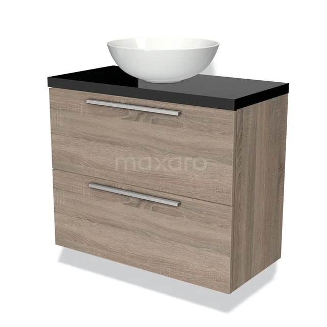 Houten badkamermeubel met zwart blad en witte komvormige wastafel, modern design met metalen handgrepen.