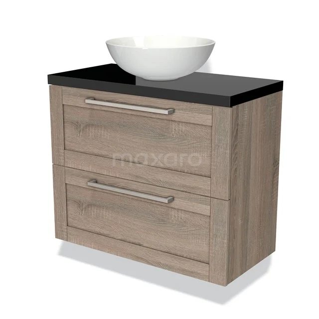 Wooden bathroom unit with black worktop and white countertop wash basin, including two drawers and stylish handles.