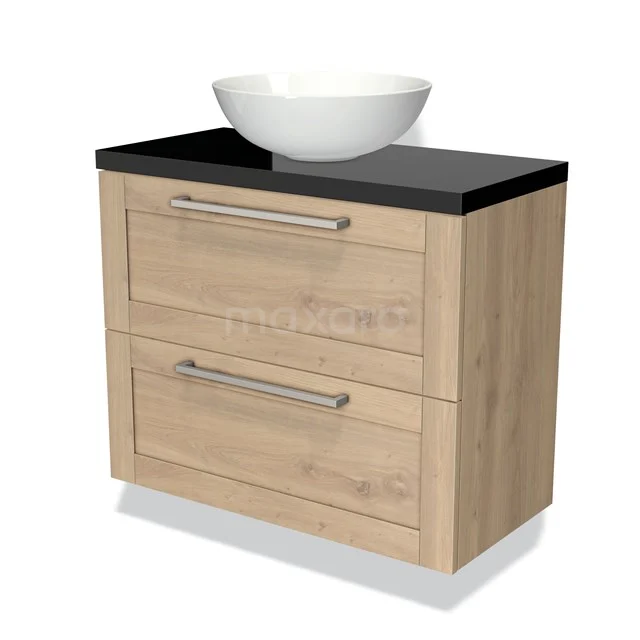 Wooden bathroom unit with black worktop, two drawers and white countertop wash basin, modern design ideal for stylish bathroom design.