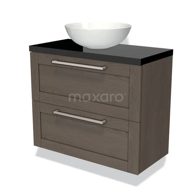 Wooden vanity unit with two drawers, black worktop and white countertop wash basin, ideal as a stylish storage solution for the bathroom.
