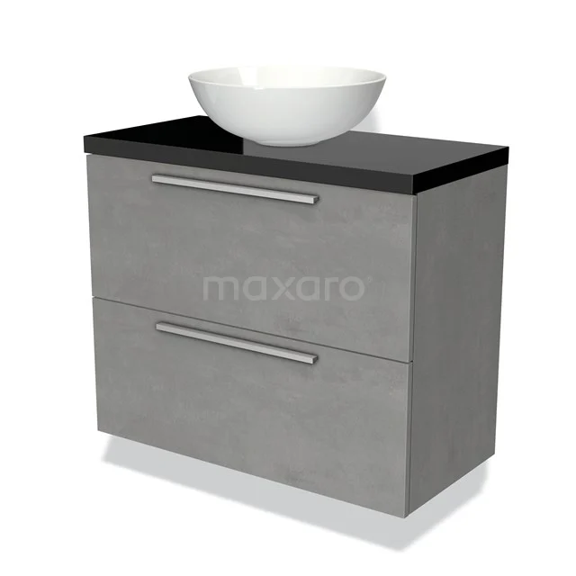 Graue Badmöbelset mit Betonlook, schwarzer Platte und weißem Aufsatzwaschbecken, ideal für moderne Bäder.