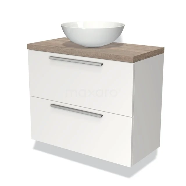 Weißes Holz Badezimmermöbel mit zwei Schubladen, keramischem Aufsatzwaschbecken und einer natürlichen Holzoptik Platte.