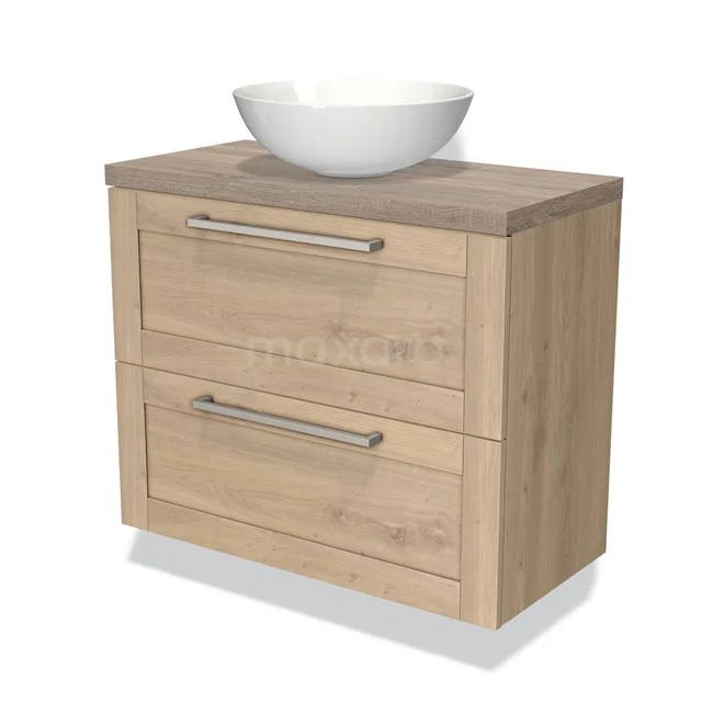 Wooden bathroom unit with natural oak look, two drawers, stainless steel handles and a round white countertop wash basin on top.