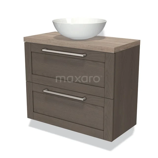 Bruin houten badkamermeubel met twee lades en een witte komvormige wastafel, moderne uitstraling, geschikt voor stijlvolle badkamers.