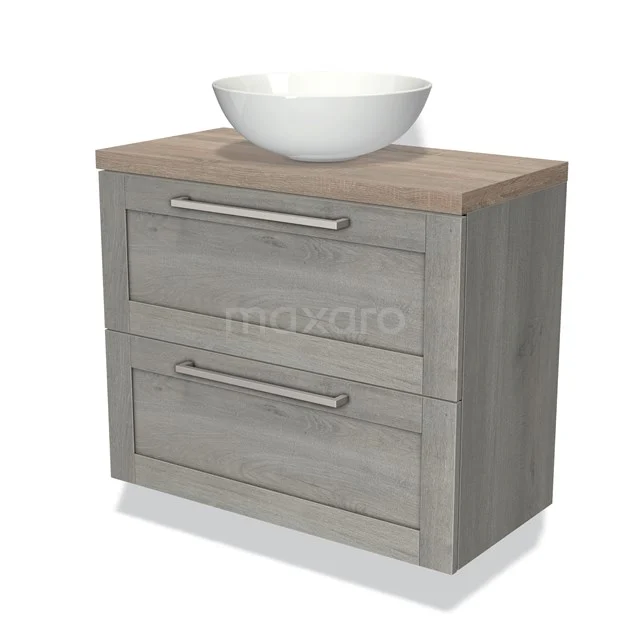 Grijze houten badkamermeubel met twee lades, wastafelblad van hout en een ronde witte waskom, ideaal voor moderne badkamers.
