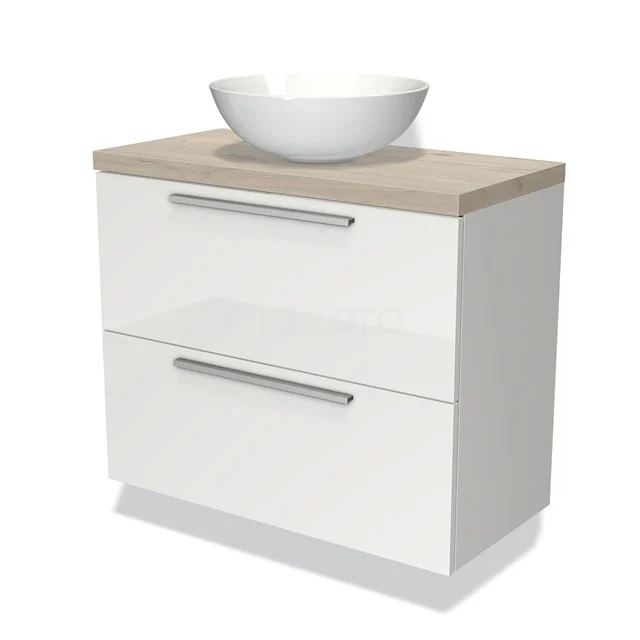 Wit badkamermeubel met houtlook blad, inklusief ronde wastafel, twee lades en strak design. Perfect voor moderne badkamers.