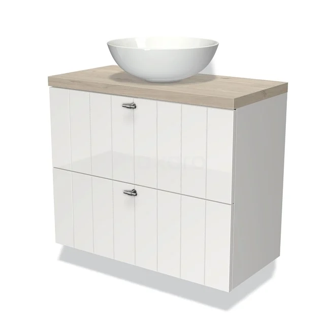 Weißes Badezimmermöbel mit zwei Schubladen, Holzlook Platte und rundem Aufsatzwaschbecken, modernes Design für praktische Badezimmerlagerung.