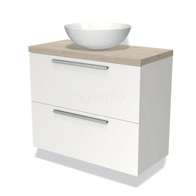 Weißes Badezimmermöbel mit Holzlook Platte, runder Aufsatzwaschbecken und metallischen Handgriffen, modernes Design für das Badezimmer.