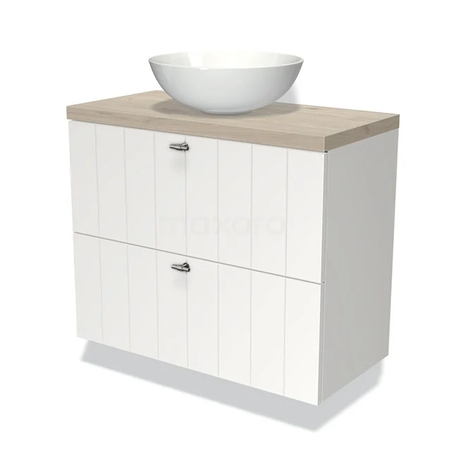 Weißes hängendes Badezimmermöbel mit modernem Holzblatt und rundem Aufsatzwaschbecken, ideal für eine stilvolle und funktionale Badezimmergestaltung.