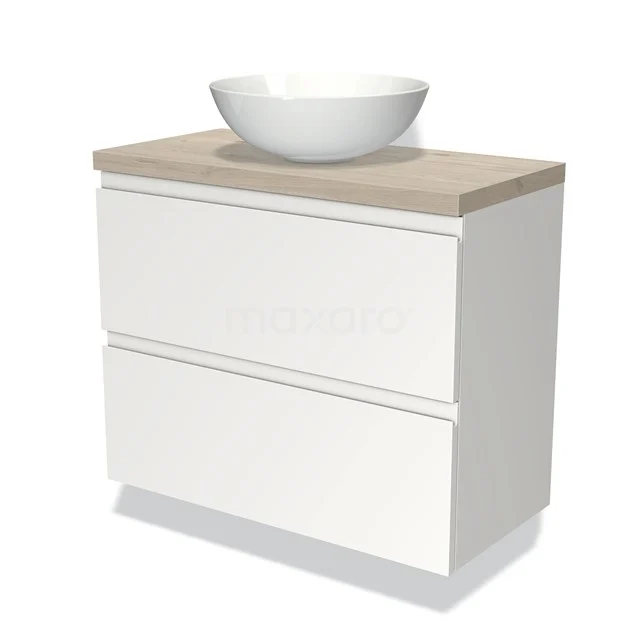 Wit badkamermeubel met houtlook blad en ronde wastafel, moderne stijl, ideaal voor een stijlvolle en functionele badkamer.