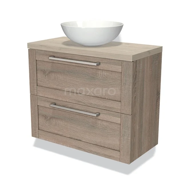Houten badkamermeubel met twee lades en een ronde, witte waskom, geschikt voor een moderne badkamerstijl.