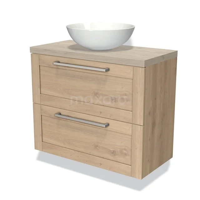 Houten badmeubel met beige blad, twee lades en een witte waskom; modern badkamerdesign met een natuurlijke uitstraling.