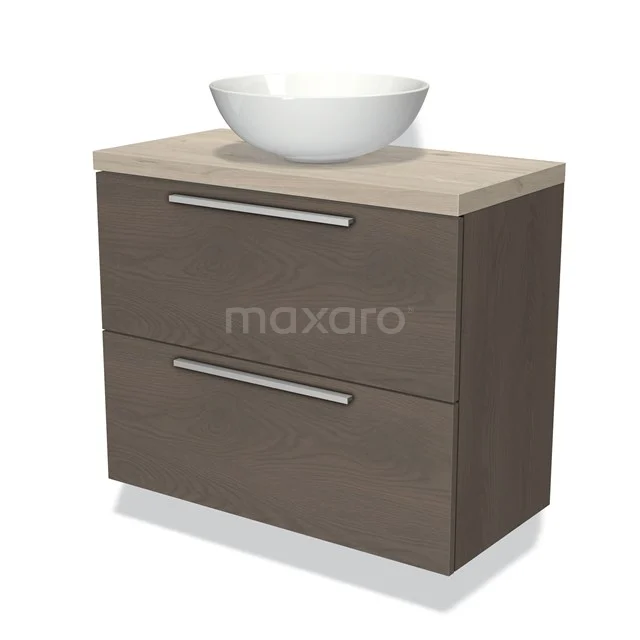 Houten badkamermeubel met twee lades, beige blad en witte opzetwaskom; modern design voor een stijlvolle badkamer.