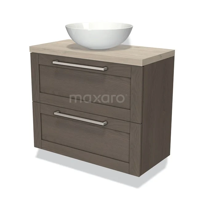 Badmöbel für Aufsatzwaschbecken 80cm Modulo Plato Slim dunkelbraune Eiche 2 Schubladen Rahmen BMK37-01222 Badmöbel mit Holzoptik, beigem Platte und weißer komförmiger Waschbecken, zwei Schubladen mit metallischen Haltegriffen.