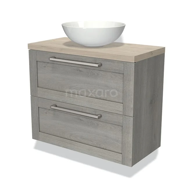 Grijs houten badkamermeubel met twee lades, beige blad en modern wit waskomontwerp.