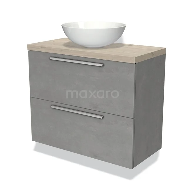 Grijze badkamermeubelset met houtlook blad, twee lades en ronde witte waskom, strak modern design.