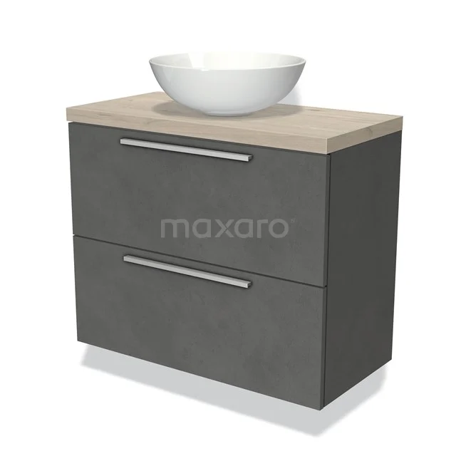 Graue Badmöbelset mit Beton Platte, weißem runden Aufsatzwaschbecken und zwei Schubladen, ideal für moderne Badezimmergestaltung.