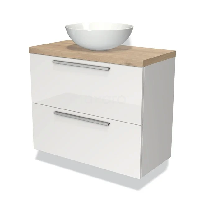 Weiße Badmöbelset mit Holzlook Platte, zwei Schubladen und einem runden Aufsatzwaschbecken, ideal für ein modernes Badezimmer.
