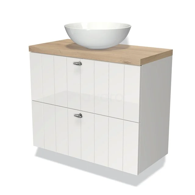 Waschtisch mit modernem weißen Design, Platte aus Holz und keramischem Aufsatzwaschbecken, ideal für eine stilvolle Badezimmergestaltung.