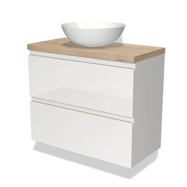 Weißes Badezimmermöbel mit zwei Schubladen, hölzerner Platte und rundem Aufsatzwaschbecken; schlichtes Design ideal für moderne Bäder.