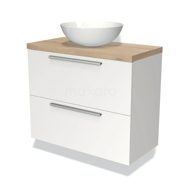 Weißes Badezimmermöbel mit Holzplatte, keramischem Aufsatzwaschbecken und zwei Schubladen; modernes Design für stilvolle Badezimmerorganisation.