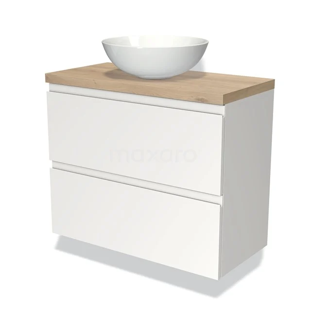 Weißes Badezimmermöbel mit zwei Schubladen, Holzlook Platte und rundem Aufsatzwaschbecken, modernes Design für eine stilvolle Badezimmer Einrichtung.