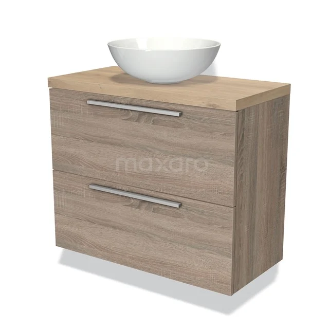 Houten badkamermeubel met twee lades, inclusief wit keramische waskom; modern design met een natuurlijke houtlook.