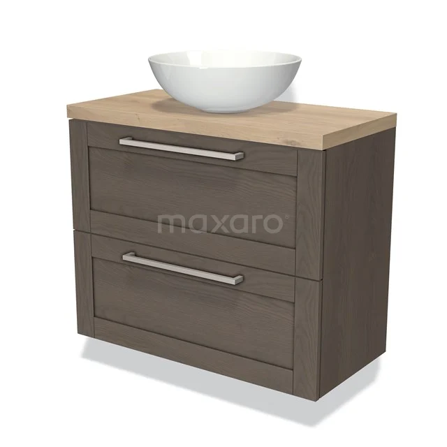 Wooden bathroom unit with vanity units for countertop wash basin, dark brown with wood grain, two drawers and metal handles for stylish bathroom storage.