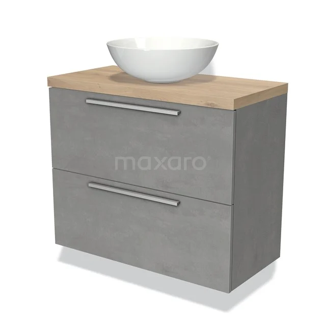 Grey bathroom unit with wood-look worktop, two drawers and white round countertop wash basin, ideal for modern bathroom design.