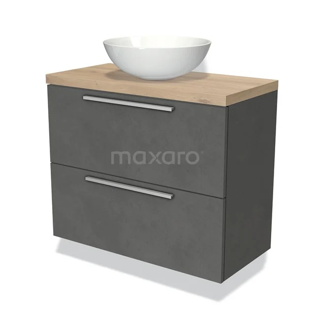 Grey bathroom furniture set with wooden worktop and white basin; modern design with two drawers for practical storage space.