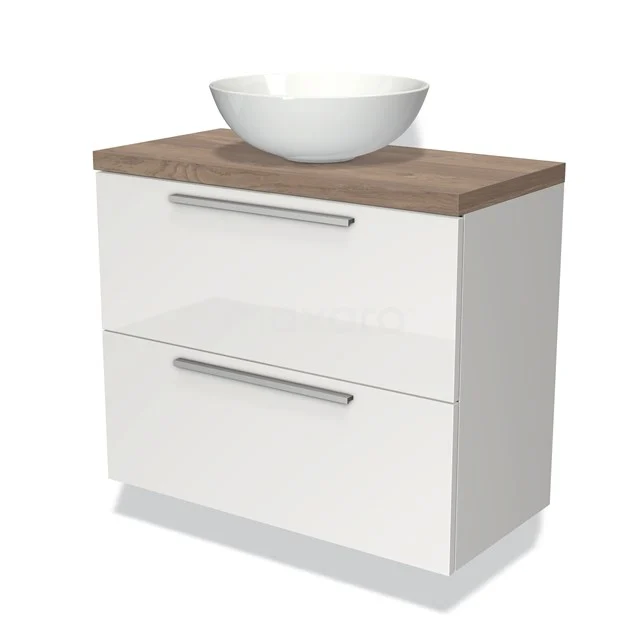 Weißer Badschrank mit holzfarbener Platte, modernem Waschbecken und zwei Schubladen; ideal für eine stilvolle Badezimmergestaltung.