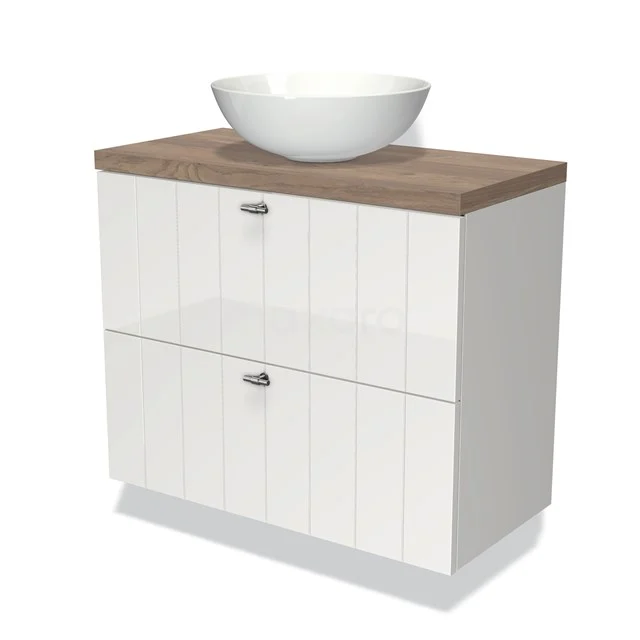 Weiße Badmöbelset mit Holzoptik Platte, zwei Schubladen und rundem Waschbecken; modernes Design für stilvolle Bäder.