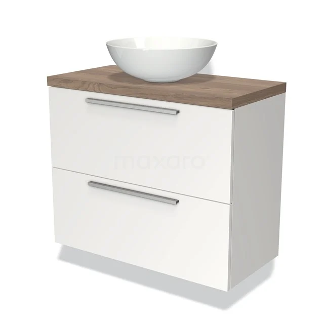 Weißes Badezimmermöbel mit zwei Schubladen, Holzlook Platte und rundem Aufsatzwaschbecken, modernes Design, ideal für stilvolle Badezimmergestaltung.