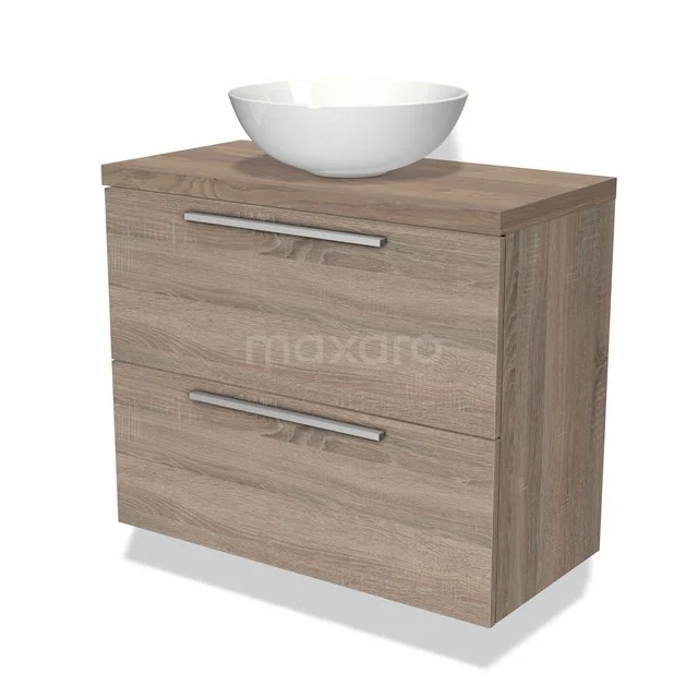 Houten badkamermeubel met twee lades en een witte waskom, modern ontwerp in eikenlook, ideaal voor compacte badkamers.