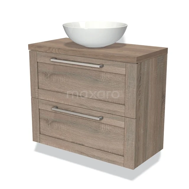 Wooden bathroom unit with two drawers and white bowl-shaped sink, modern design; ideal for stylish bathrooms.