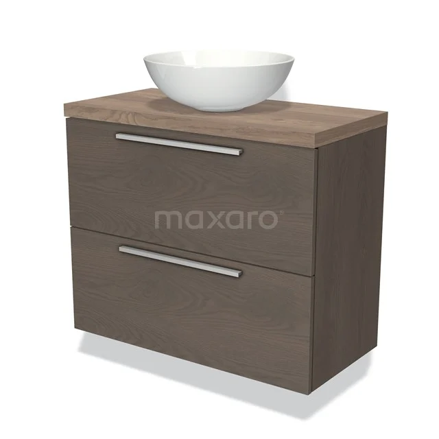 Brown Bathroom unit with wood look, two drawers and white round top washbasin; sleek design for modern bathrooms.