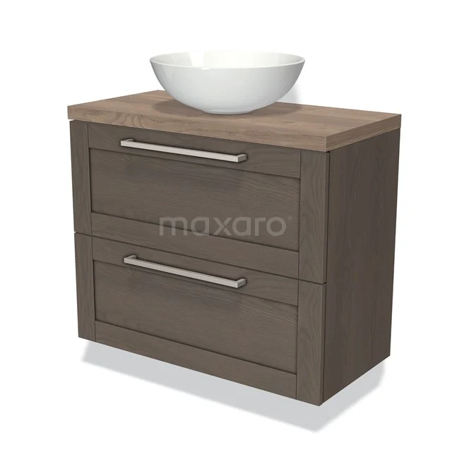 Wooden bathroom unit with drawer fronts, natural colour, round white basin and Stainless steel handles, ideal for modern bathrooms.