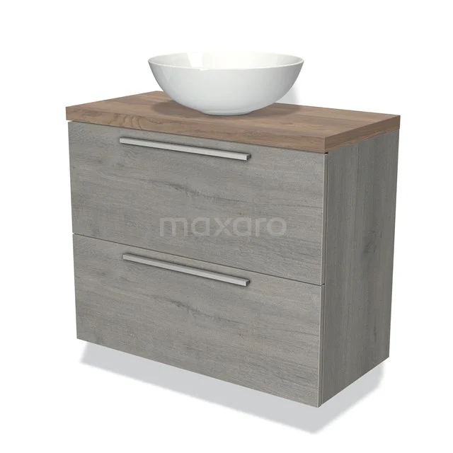 Grey wooden bathroom unit with two drawers, metal handles and a white oval countertop wash basin; modern and practical design.