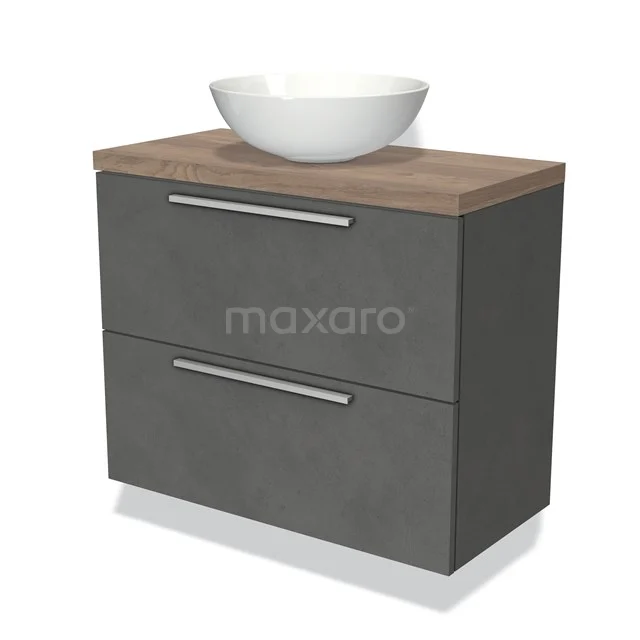 Grey bathroom furniture set with wood-look worktop and white countertop wash basin, modern design, ideal for stylish bathroom decor.