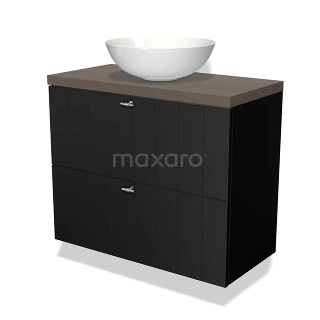 Black bathroom furniture set with wooden worktop and white countertop wash basin; modern design for stylish bathrooms.