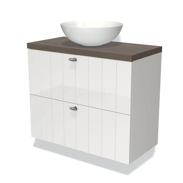 Weißes Badezimmermöbel mit holzfarbener Platte und keramischem Aufsatzwaschbecken, modernes Design mit zwei Schubladen für zusätzlichen Stauraum.