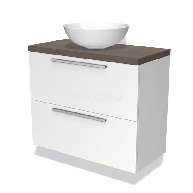 Badmöbel mit Konsole 80cm Modulo Plato Slim Matt Weiß 2 Schubladen Flach BMK37-01296 Weißes Badezimmermöbel mit zwei Schubladen, Holzoptik Waschtischplatte und runder weißer Aufsatzwaschbecken, modernes Design für ein stilvolles Badezimmer.