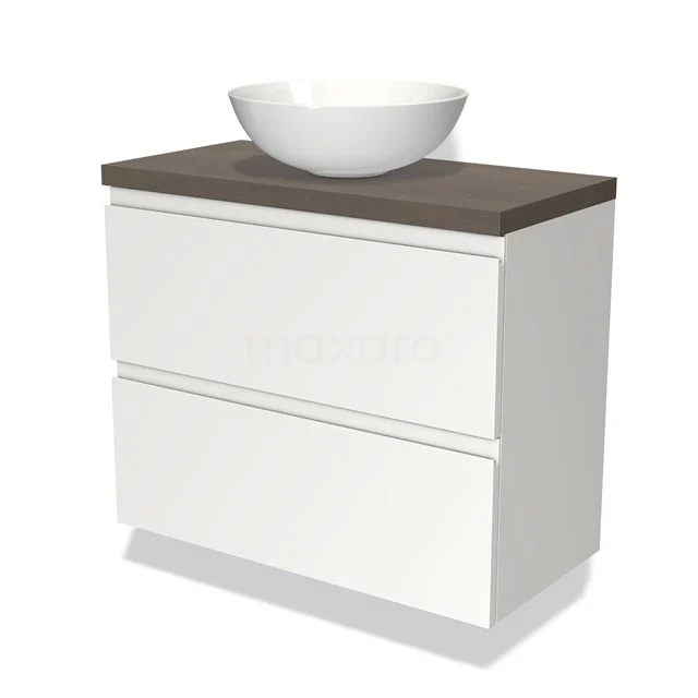 Modulo Plato Slim Badmöbel mit Aufsatzwaschbecken | 80 cm Matt Weiß Grifflos front Dunkelbraune Eiche blatt 2 übereinanderliegende Schubladen BMK37-01298 Weißes Badezimmermöbel mit Holzlook Platte und rundem keramischen Aufsatzwaschbecken, minimalistisches Design und zwei Schubladen.