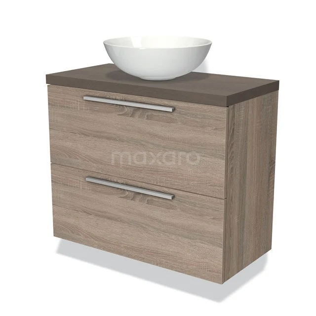 Modulo Plato Slim Badkamermeubel voor waskom | 80 cm Eiken Vlak front Donkerbruin eiken blad 2 lades onder elkaar BMK37-01305