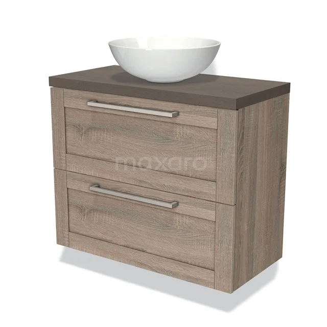 Wooden bathroom unit with two drawers, dark wood tone, ceramic vanity units with basin and sleek design for a modern bathroom.