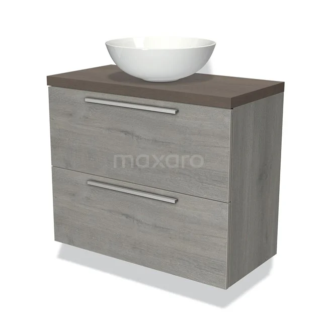Grey wooden bathroom furniture set with two drawers, dark wood worktop and white round countertop wash basin, ideal for stylish bathrooms.