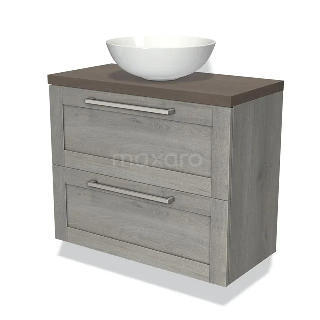Wooden bathroom unit grey with 2 drawers, dark brown worktop and round white countertop wash basin, perfect for a modern bathroom style.