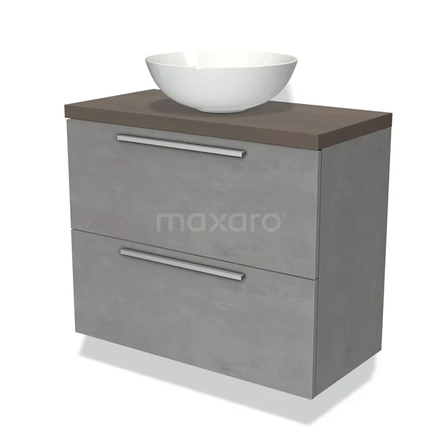 Grey vanity unit with wood-look worktop, ceramic white countertop wash basin and modern bathroom drawer, ideal for a stylish bathroom.